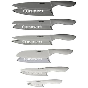 Six pairs of Cuisinart knives with matching blade covers, featuring a variety of sizes and edge styles for different cutting tasks.