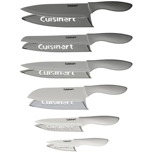 Six pairs of Cuisinart knives with matching blade covers, featuring a variety of sizes and edge styles for different cutting tasks.