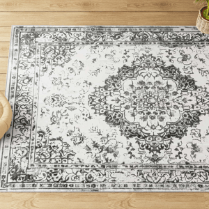 A vintage-style area rug with a distressed black and white floral medallion pattern on a pale background is placed on a wooden floor, accompanied by a small plant.