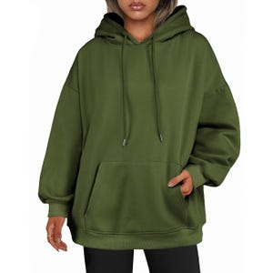 An oversized olive green hoodie with a kangaroo pocket, ribbed cuffs, and a drawstring hood, worn over black pants.