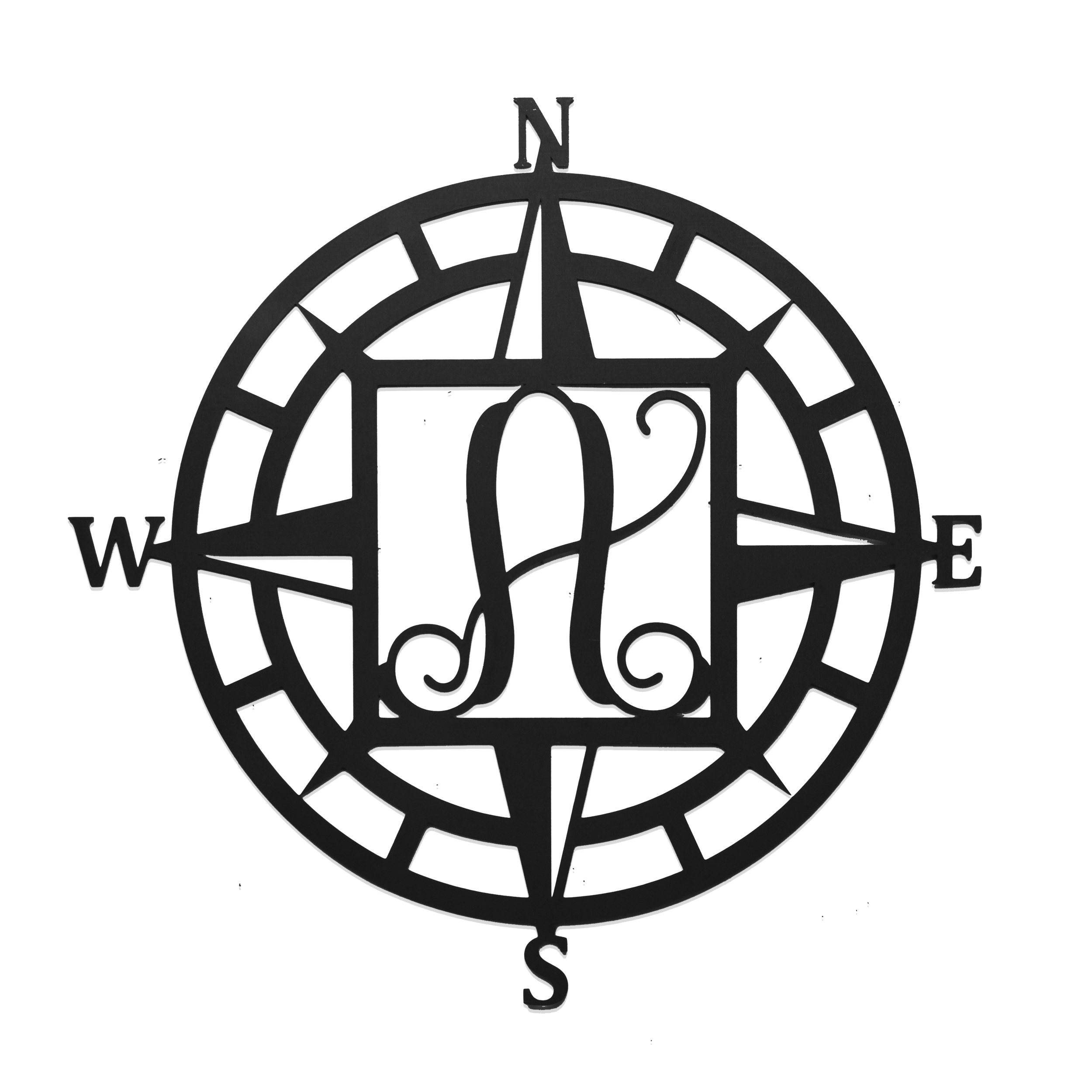 A compass rose design featuring North, South, East, and West directional markers, with a decorative \“R\“ in the center.