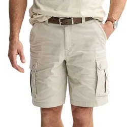 Tan cargo shorts with a belt, featuring side pockets and a button closure.
