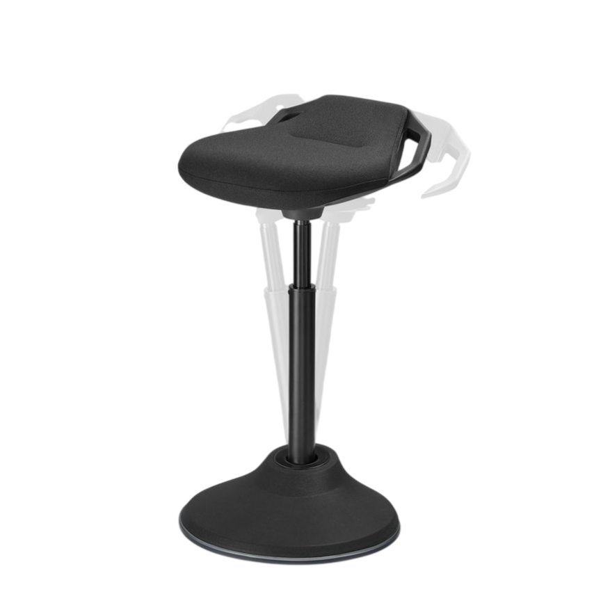 Adjustable ergonomic stool with a curved seat, height control, and a stable base designed for active sitting.