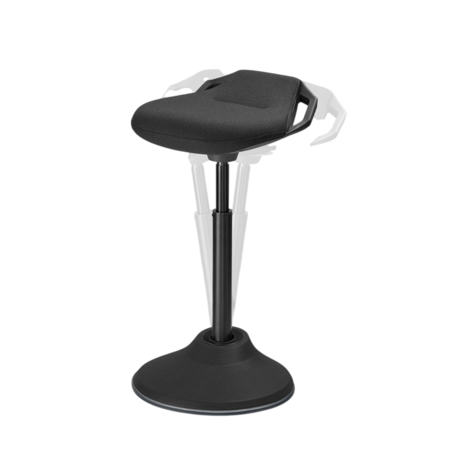 Adjustable ergonomic stool with a curved seat, height control, and a stable base designed for active sitting.