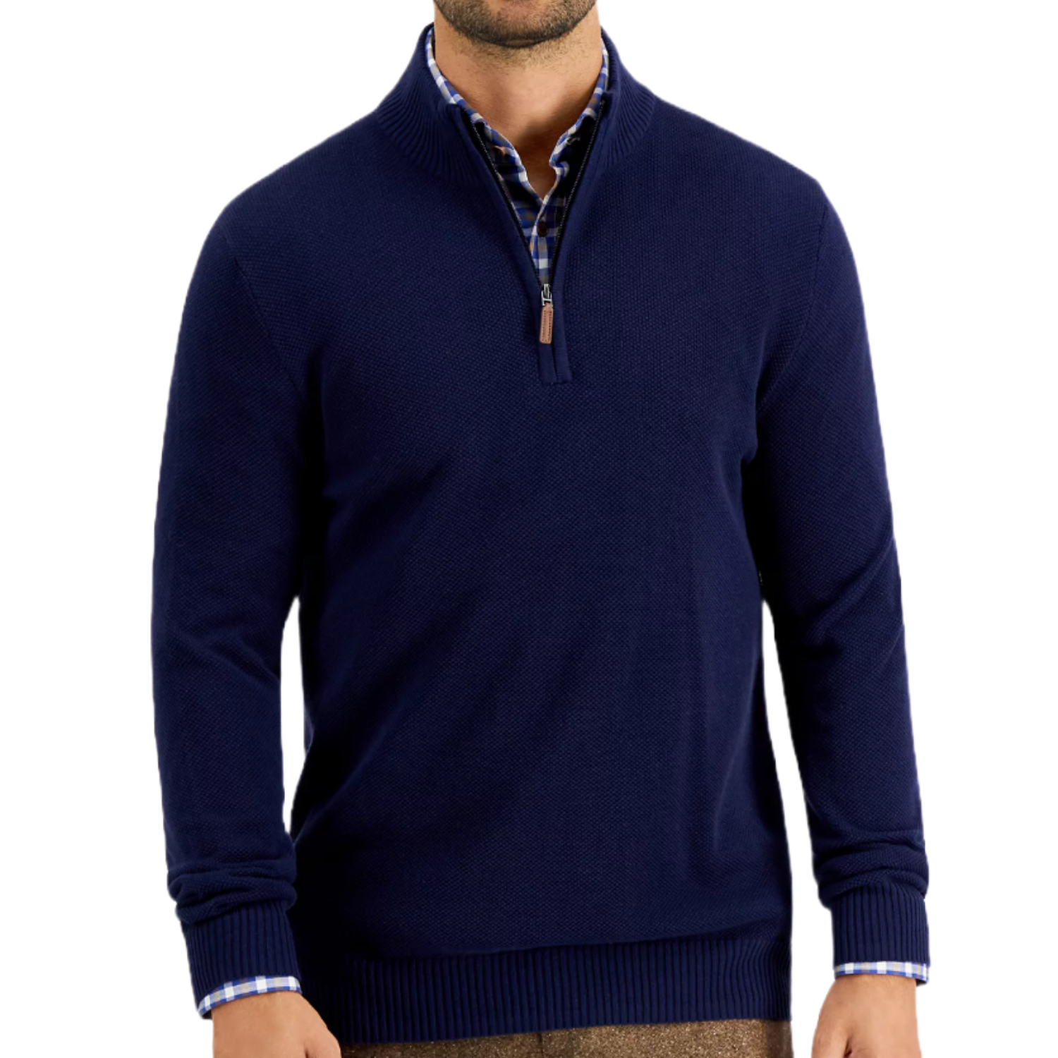 A navy blue quarter-zip sweater with a textured knit pattern and ribbed cuffs, showcasing a hint of a plaid shirt collar underneath.