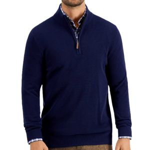 A navy blue quarter-zip sweater with a textured knit pattern and ribbed cuffs, showcasing a hint of a plaid shirt collar underneath.