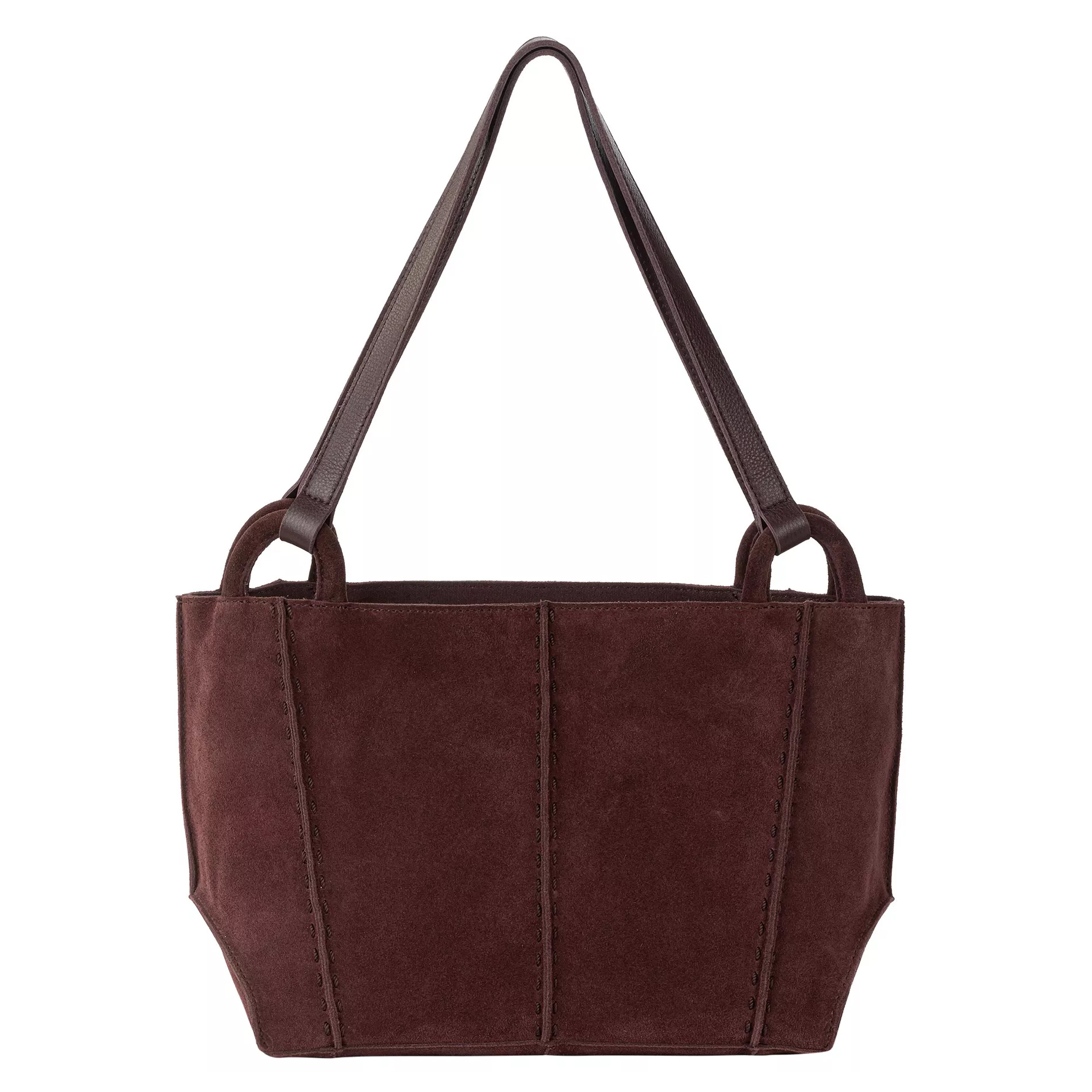 A brown suede tote bag with two sturdy leather straps and a simple, structured design.
