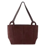 A brown suede tote bag with two sturdy leather straps and a simple, structured design.