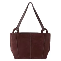 A brown suede tote bag with two sturdy leather straps and a simple, structured design.