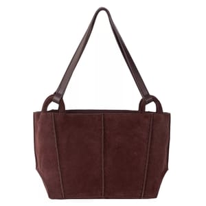 A brown suede tote bag with two sturdy leather straps and a simple, structured design.