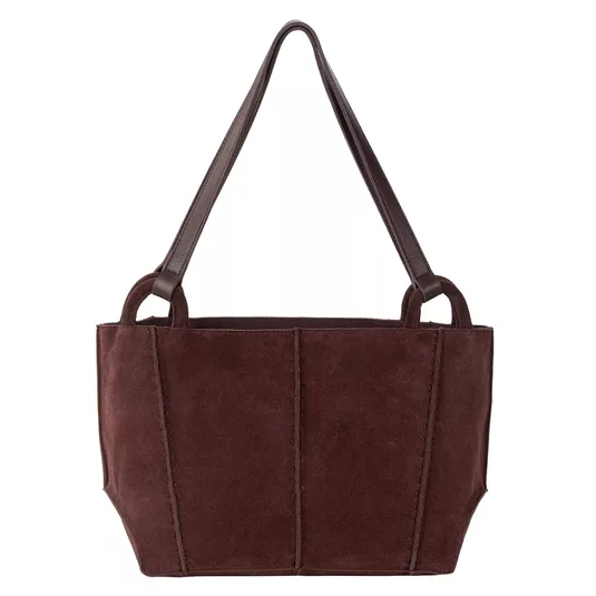 A brown suede tote bag with two sturdy leather straps and a simple, structured design.