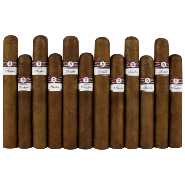 A selection of Padilla cigars with brown wrappers and red and white bands, arranged in varying sizes and shapes.