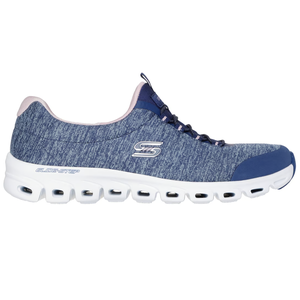 A blue athletic shoe with a white sole, featuring the Skechers logo and Glide-Step design.