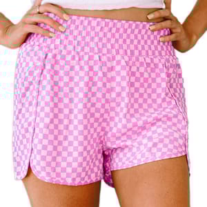 Pink and white checkerboard-pattern athletic shorts with an elastic waistband and curved hemline.