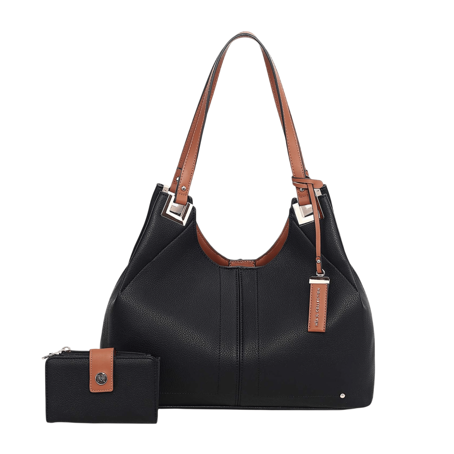 Black handbag with brown handles and silver accents, accompanied by a matching black wallet with a brown accent and metallic logo detail.