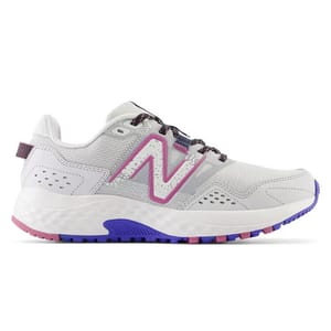 White and gray athletic shoe with purple and blue accents, featuring the New Balance logo in pink on the side.