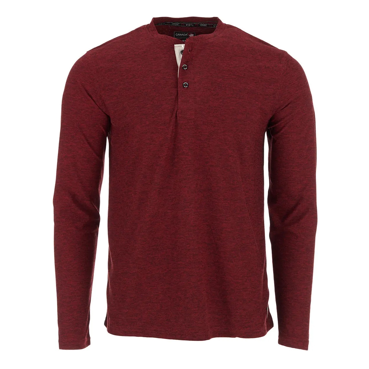 A maroon long-sleeve henley shirt with a three-button placket and a round neckline.