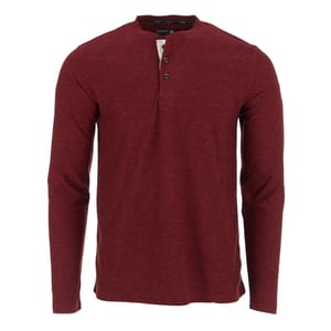 A maroon long-sleeve henley shirt with a three-button placket and a round neckline.