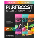 Pureboost Clean Energy Mix combo pack offers 30 packets for immunity support, including elderberry power, tropical spark, and tangerine twist flavors. Contains no sugar, sucralose, or crash; net weight 12.17 oz (345g).