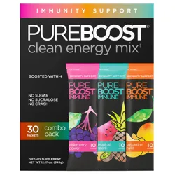 Pureboost Clean Energy Mix combo pack offers 30 packets for immunity support, including elderberry power, tropical spark, and tangerine twist flavors. Contains no sugar, sucralose, or crash; net weight 12.17 oz (345g).