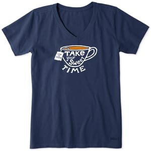 A navy women's V-neck T-shirt with a graphic of a tea cup and the text \“Take your sweet time\“ with a tea bag label reading \“Life is Good.\“