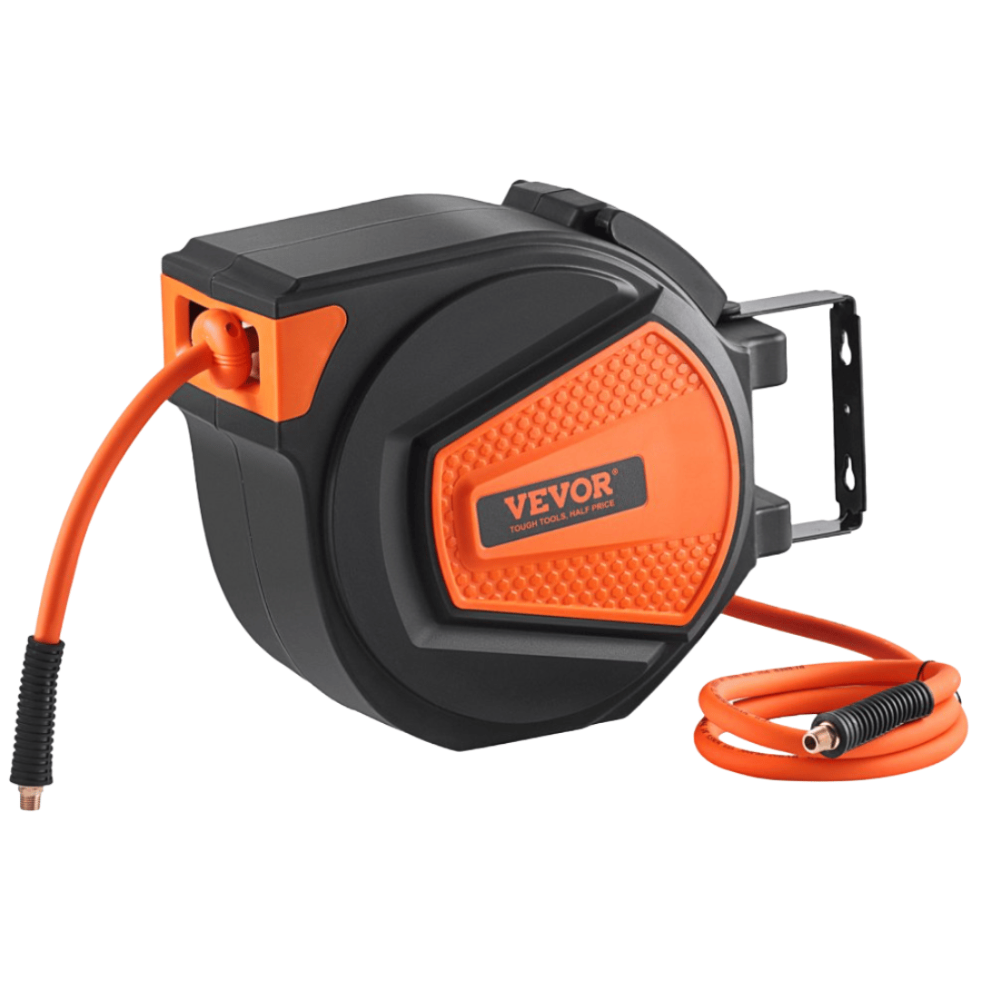 Retractable air hose reel from Vevor with an orange and black design, wall-mountable bracket, and an extendable hose for easy storage and usage.