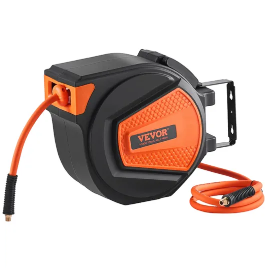 Retractable air hose reel from Vevor with an orange and black design, wall-mountable bracket, and an extendable hose for easy storage and usage.