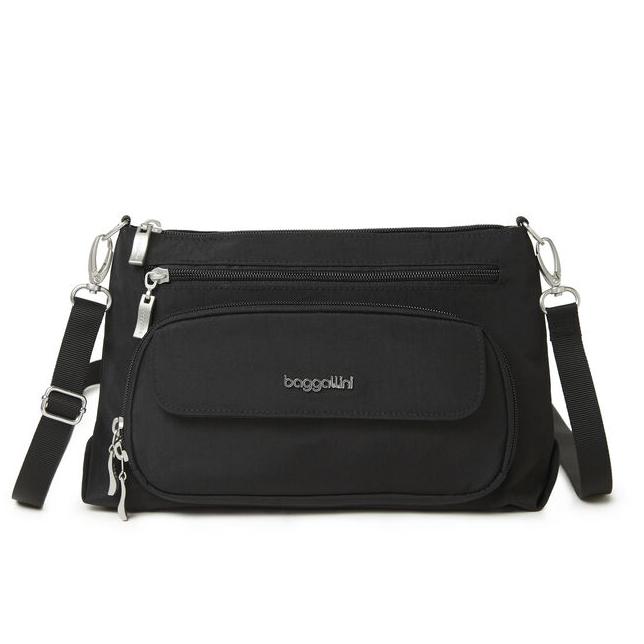 A black crossbody bag with multiple zippered compartments, silver hardware, and an adjustable strap. Brand logo visible on the front pocket.