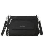 A black crossbody bag with multiple zippered compartments, silver hardware, and an adjustable strap. Brand logo visible on the front pocket.