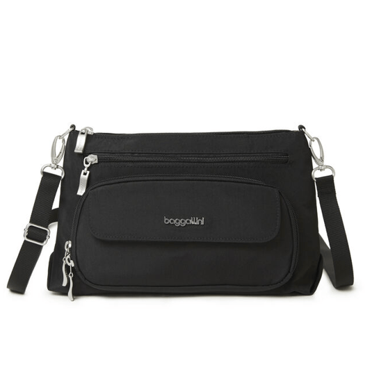 A black crossbody bag with multiple zippered compartments, silver hardware, and an adjustable strap. Brand logo visible on the front pocket.