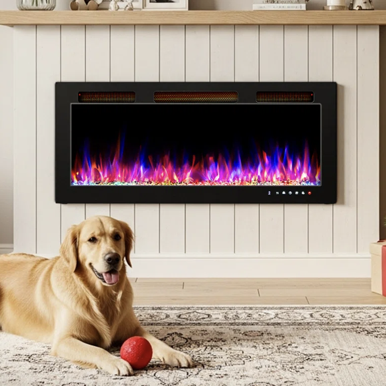 A golden retriever lies on a rug with a red ball near an electric wall-mounted fireplace displaying multicolored flames.