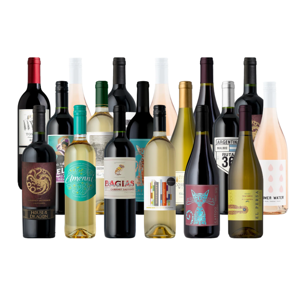 A diverse selection of wine bottles, featuring various labels and types, including red, white, and rosé wines.