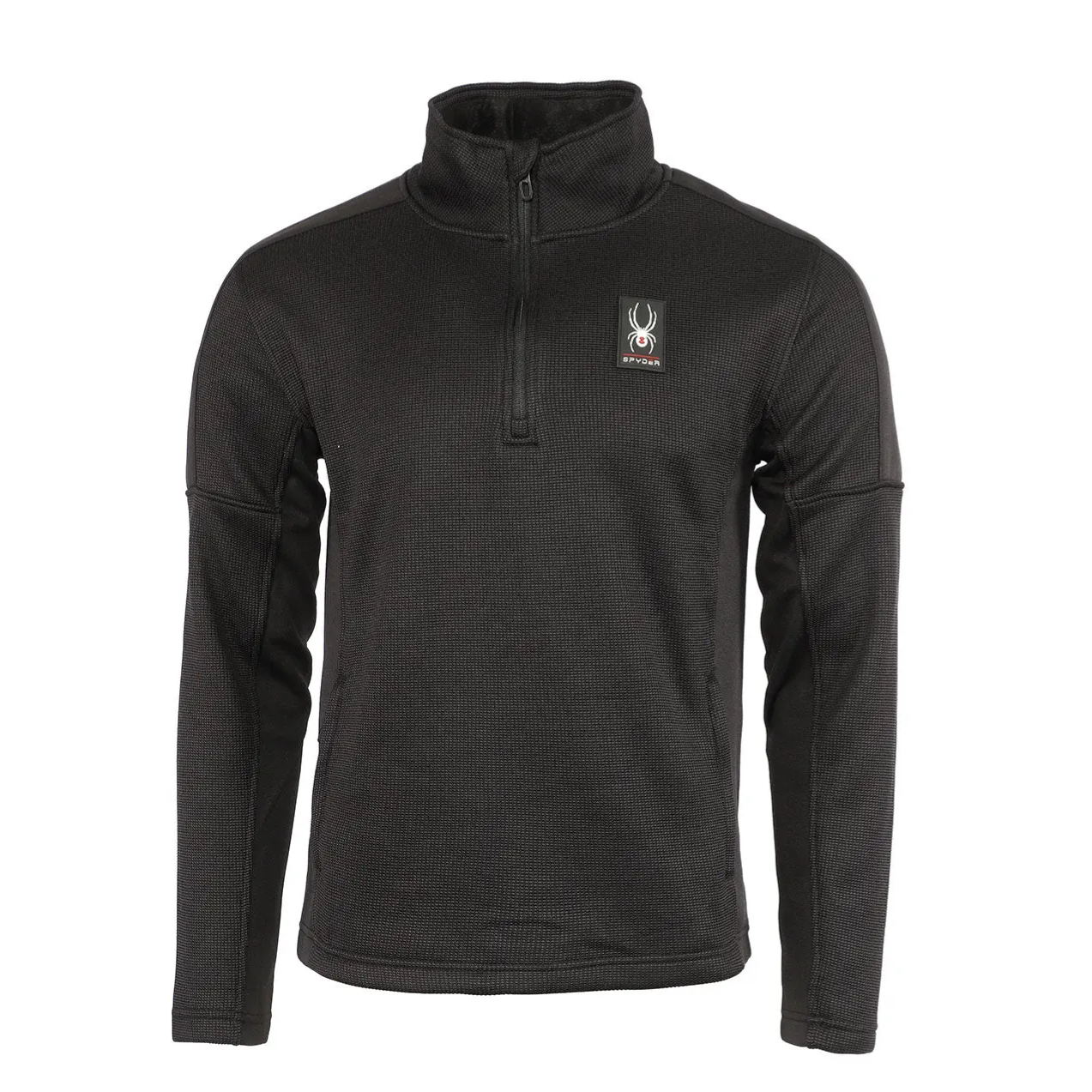 A black quarter-zip fleece pullover with a high collar, featuring the Spyder logo on the chest.