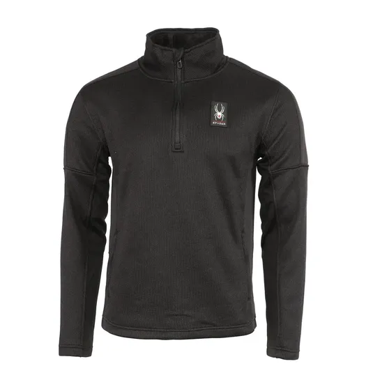 A black quarter-zip fleece pullover with a high collar, featuring the Spyder logo on the chest.