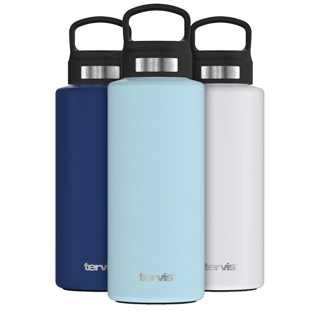 3-pack of 32oz Tervis tumblers featuring dark blue, light blue, and white colors with black lids and metal accents.