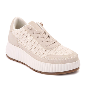 Beige woven sneakers with a chunky white sole and matching laces.