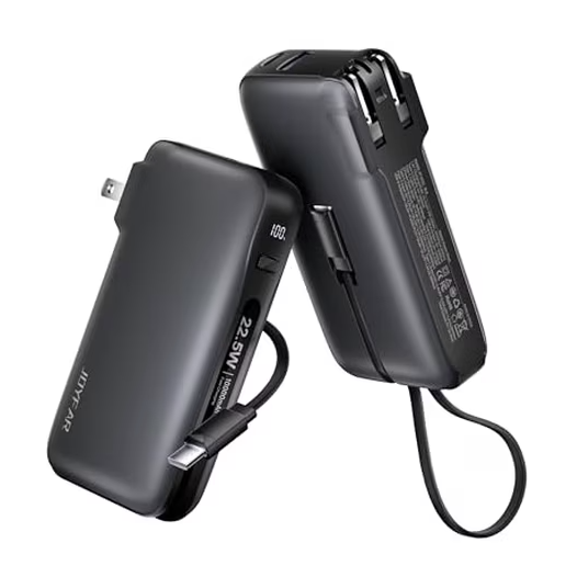 Two black portable chargers with foldable wall plugs, integrated USB-C cables, and an LED display indicating battery level. They support 22.5W fast charging.