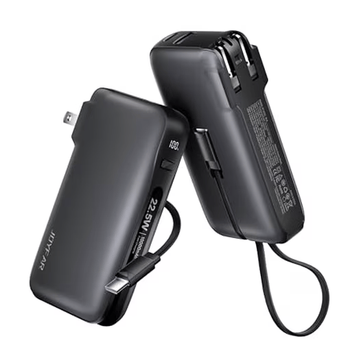 Two black portable chargers with foldable wall plugs, integrated USB-C cables, and an LED display indicating battery level. They support 22.5W fast charging.