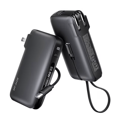 Two black portable chargers with foldable wall plugs, integrated USB-C cables, and an LED display indicating battery level. They support 22.5W fast charging.