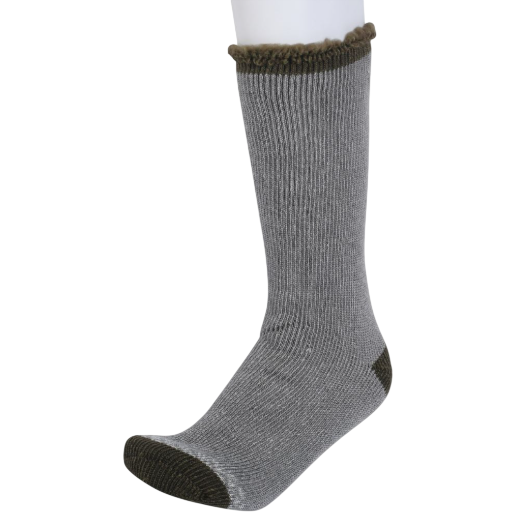 A single gray sock with dark heel and toe accents, featuring a ribbed texture and fluffy trim at the top.