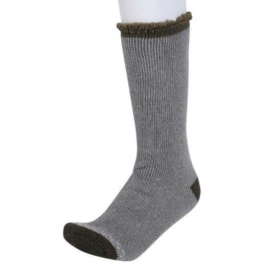 A single gray sock with dark heel and toe accents, featuring a ribbed texture and fluffy trim at the top.