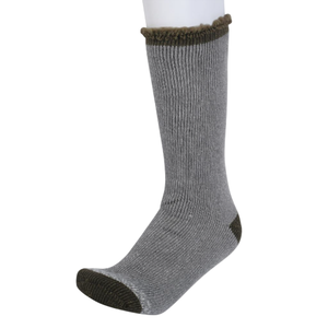 A single gray sock with dark heel and toe accents, featuring a ribbed texture and fluffy trim at the top.