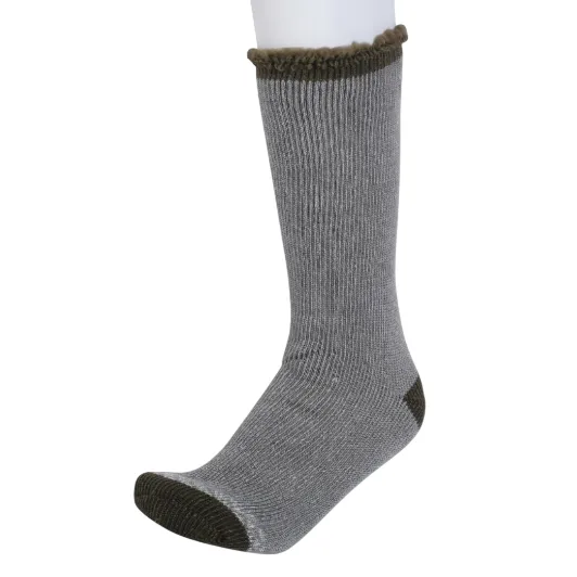 A single gray sock with dark heel and toe accents, featuring a ribbed texture and fluffy trim at the top.