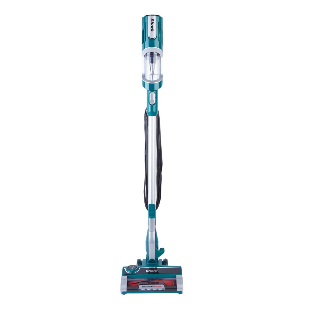 The Shark UltraLight Corded Vacuum is a sleek, lightweight upright vacuum with a teal and silver design, featuring a transparent dust canister and a powered brush head for efficient cleaning.