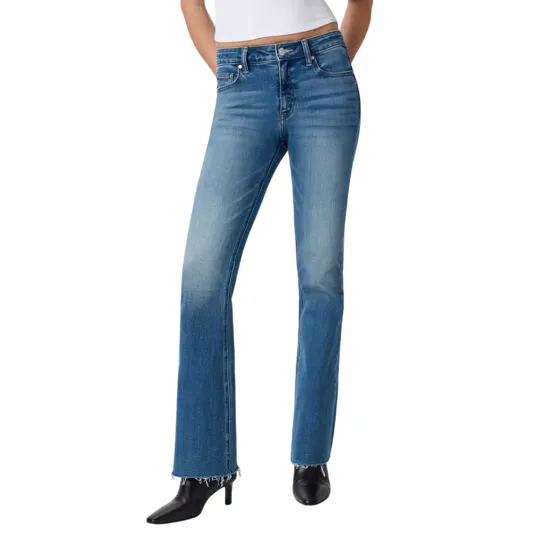 High-waisted blue jeans with a subtle fade, featuring a frayed hem. Paired with black heeled boots.