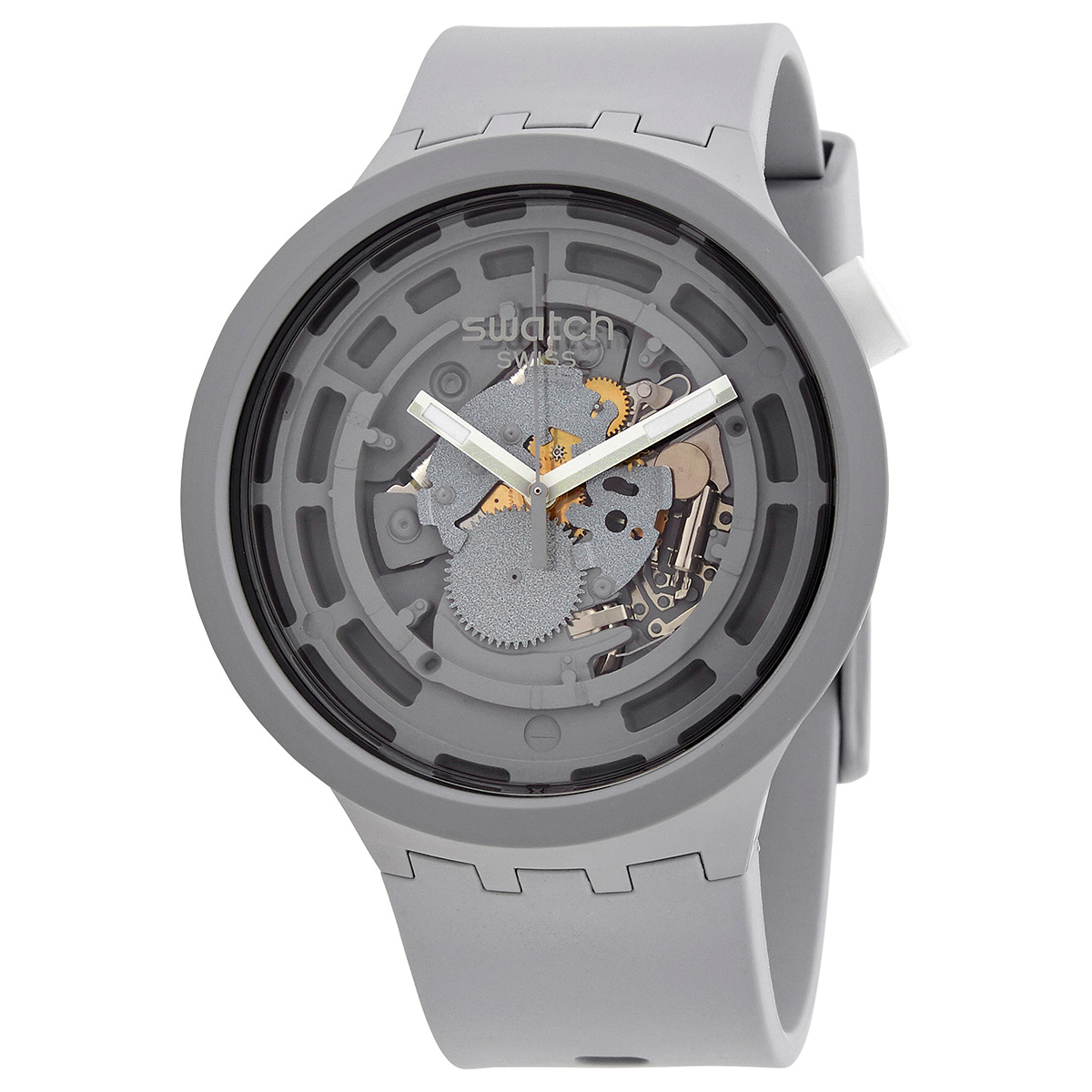 Swatch Bioceramic Transparent Grey Watch features a grey matte case made from eco-friendly bioceramic material with a skeleton dial showcasing the intricate inner gears, complemented by a grey silicone strap and luminous hands.