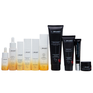 Dr. Brandt's 10pc New Year's Glow Resolution Kit includes serums and creams like Glow Serum, Retinol, 6 Scription, Liquid Sun Shield, Hydrating Body Exfoliator, Renewing Face Exfoliator, and No More Baggage Eye Depuffing Gel.