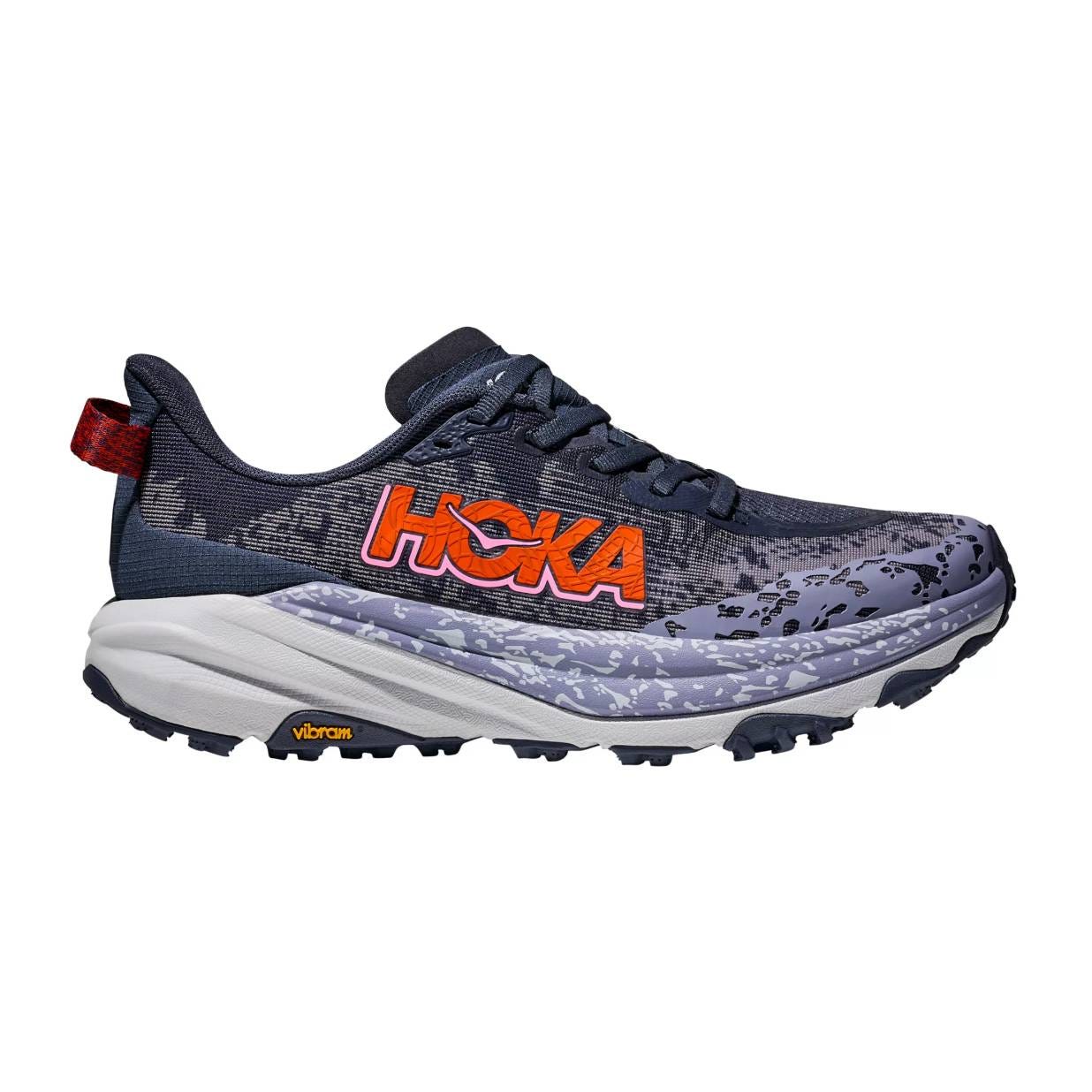 Hoka running shoe with a navy and gray combination, featuring an orange logo and a Vibram sole.