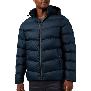 A navy blue puffer jacket with a hood and zip closure, featuring horizontal quilting and side pockets.