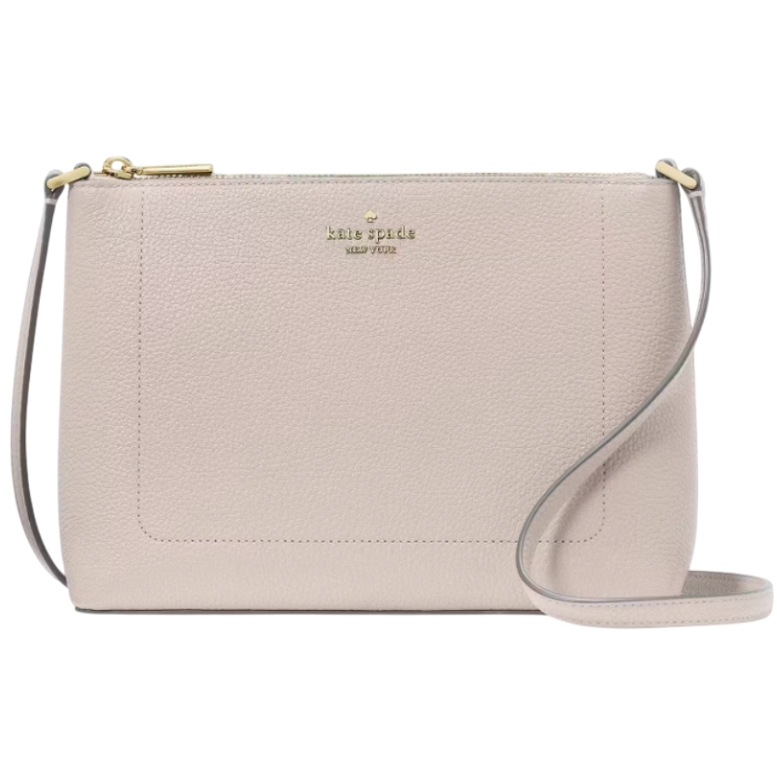 A minimalist beige Kate Spade leather crossbody bag featuring a gold zipper, logo, and an adjustable strap.